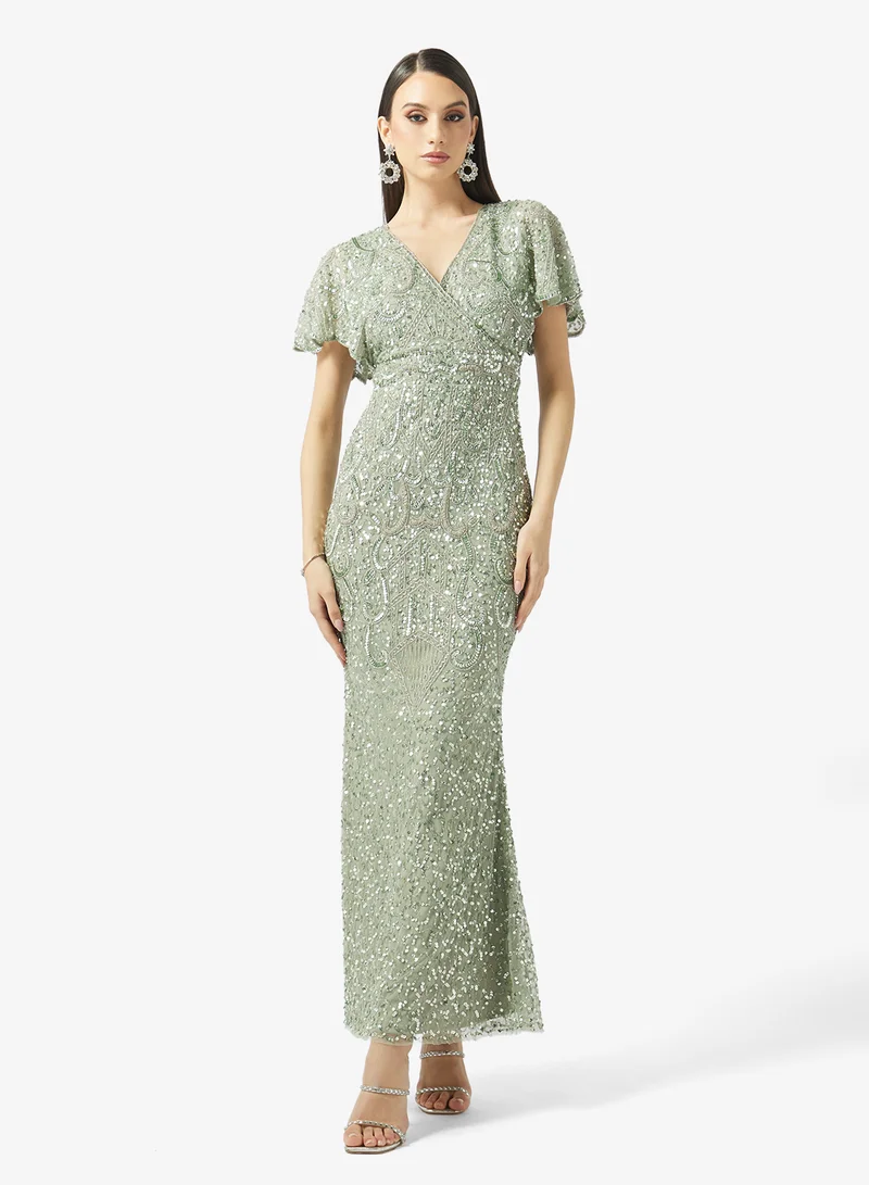 Embellished Flutter Sleeve Maxi Dress
