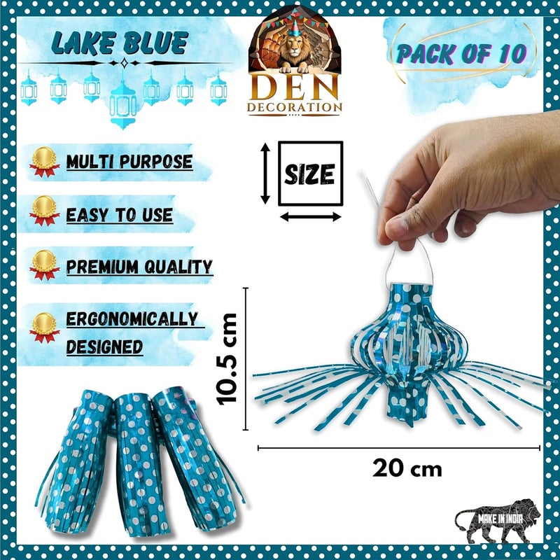 DEN DECORATION DEN DECORATION Premium Metallic Folding Paper Anar Hanging Lamp Lanterns 10 Pieces Lake Blue  - Image 2