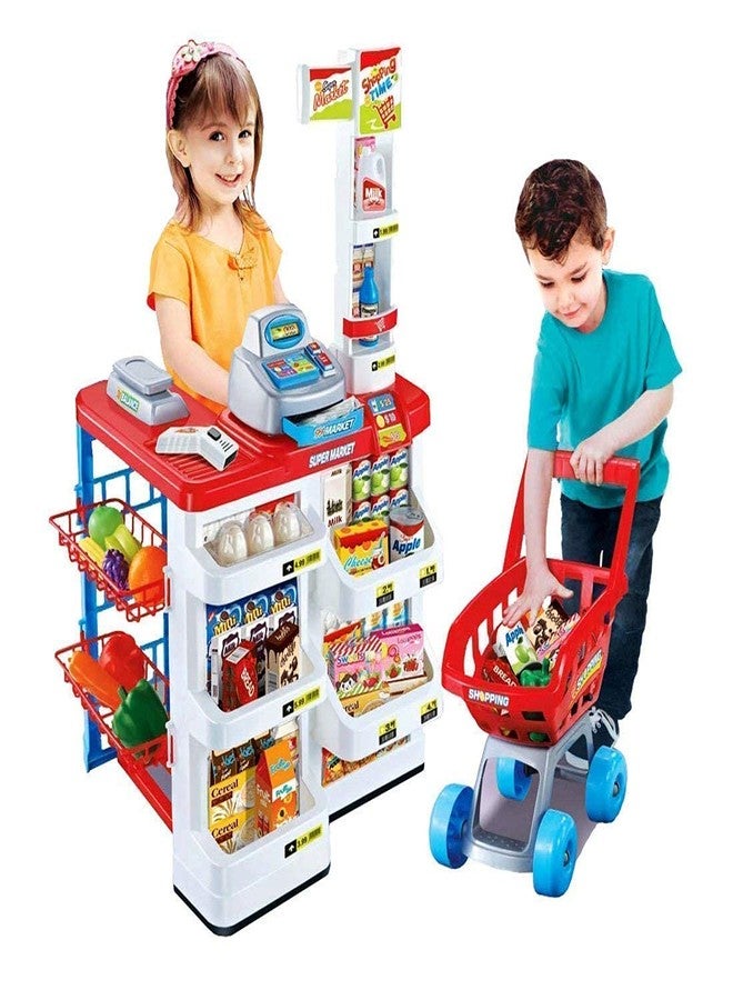 Coracy Kids Supermarket Playset - Pretend Grocery Store Checkout Counter with Cash Register, Scanner, Shopping Cart & Accessories | Multicolor Role Play Shop Toy for Boys & Girls - Image 1