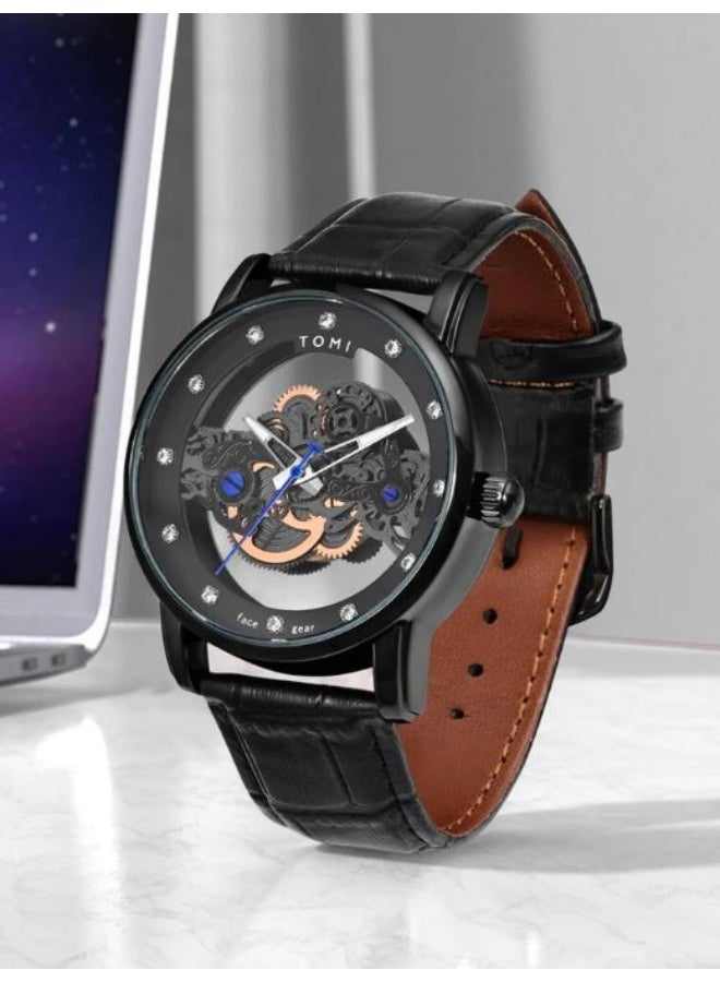 TOMI Men's Dial Mechanical Watch - Black Stainless Steel, Visible Gear Movement - Image 1