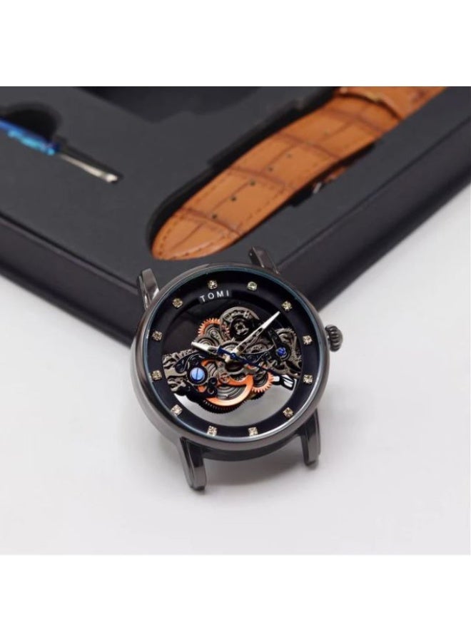 TOMI Men's Dial Mechanical Watch - Black Stainless Steel, Visible Gear Movement - Image 4