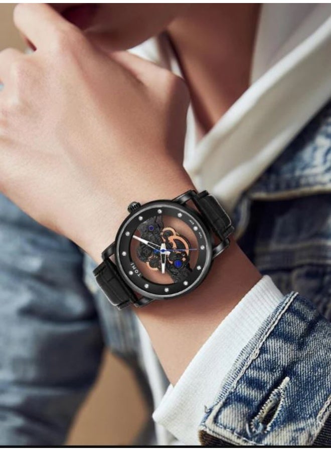 TOMI Men's Dial Mechanical Watch - Black Stainless Steel, Visible Gear Movement - Image 3