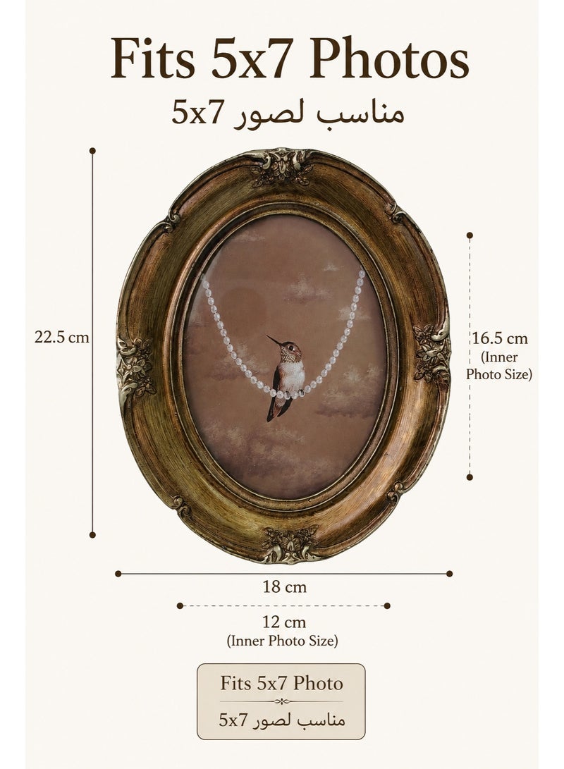 إطار صور بيضاوي برونزي كلاسيكي مقاس 5x7، إطار راتنج بتصميم عتيق مع زجاج أمامي، مناسب للتعليق على الحائط أو العرض على الطاولة للصور العائلية والبورتريه وصور الزفاف وديكور المنزل والهدايا - Image 3