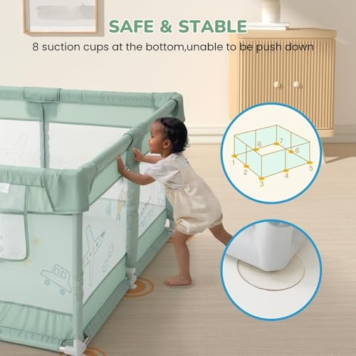Dawnwake Small Playpen 120 x 120 cm for Toddlers & Kids up to 3 Years with 2 Anti-Fall Grasp Rings, Baby Fence with Safety Lock & Suction Cup (No Mat/No Ball, Non-Foldable) -Green - Image 5