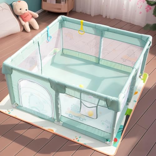 Dawnwake Small Playpen 120 x 120 cm for Toddlers & Kids up to 3 Years with 2 Anti-Fall Grasp Rings, Baby Fence with Safety Lock & Suction Cup (No Mat/No Ball, Non-Foldable) -Green - Image 1