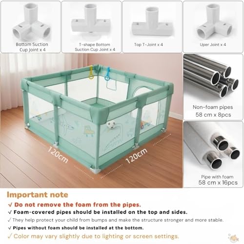 Dawnwake Small Playpen 120 x 120 cm for Toddlers & Kids up to 3 Years with 2 Anti-Fall Grasp Rings, Baby Fence with Safety Lock & Suction Cup (No Mat/No Ball, Non-Foldable) -Green - Image 4