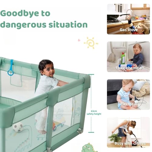 Dawnwake Small Playpen 120 x 120 cm for Toddlers & Kids up to 3 Years with 2 Anti-Fall Grasp Rings, Baby Fence with Safety Lock & Suction Cup (No Mat/No Ball, Non-Foldable) -Green - Image 2