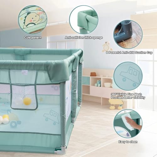 Dawnwake Small Playpen 120 x 120 cm for Toddlers & Kids up to 3 Years with 2 Anti-Fall Grasp Rings, Baby Fence with Safety Lock & Suction Cup (No Mat/No Ball, Non-Foldable) -Green - Image 3