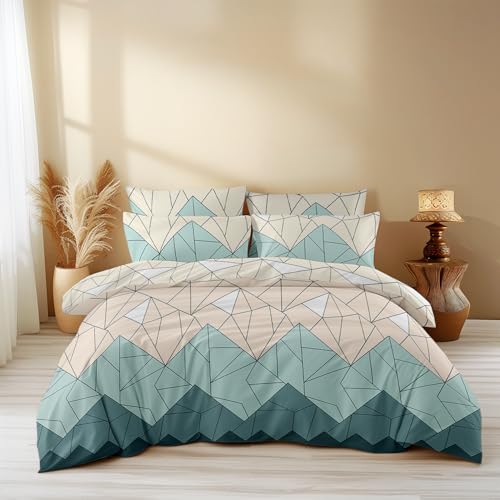 LOOMLYFE Glace Cotton Geometric 300 TC All Season King Size AC Comforter || Blanket || Duvet for Double Bed with 1 Flat Bedsheet and 2 Large Pillow Covers - 4 Piece Comforter Set - BeigeGreenTRI - Image 1