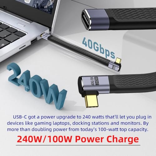 Tobo 8K Flat Slim FPC Data Cable 240W Type-C USB-C Male to Female Right Angled USB4 40Gbps 100W Cord for Laptop Phone 13cm (TD-1160CC) - Image 4