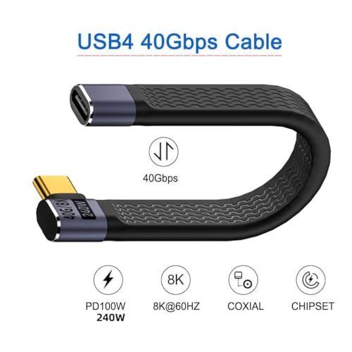 Tobo 8K Flat Slim FPC Data Cable 240W Type-C USB-C Male to Female Right Angled USB4 40Gbps 100W Cord for Laptop Phone 13cm (TD-1160CC) - Image 2