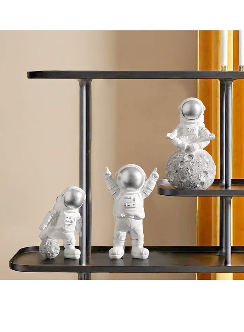 3 Pcs Astronaut Figurines Cake Topper Outer Space Spaceman Action Figure Statue Tabletop Ornament Miniature Astronaut Figures for Outer Space Birthday Cake Decoration, Silver - Image 1
