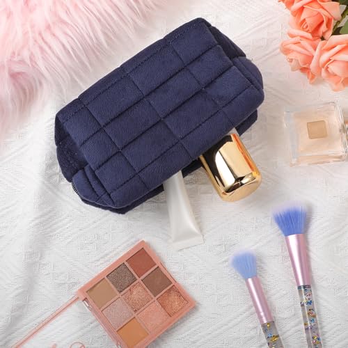 Sibba Makeup Bag Soft Pouch Pencil Case Aesthetic Cosmetic Pouch Bathroom Shower Fuzzy Plush Toiletry Organizer Make Up Organize Accessories Travel Bag Y2k Purse Containers Women (Navy) - Image 4