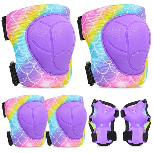 FIODAY Knee Pads for Kids Adjustable Kids Knee Pads and Elbow Pads with Wrist Guard for Girls Roller Skates Cycling Bike Skateboard Scooter Knee Pads 38 YearsRainbow Mermaid - Image 1