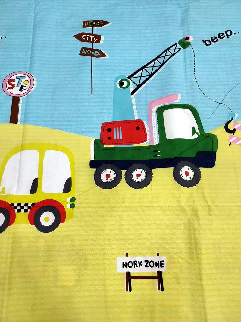 Mosho Yellow 180 TC Glace Cotton Kids Car Crane Cartoon Printed Double Bed Bedsheet with 2 Pillow Covers - Image 3