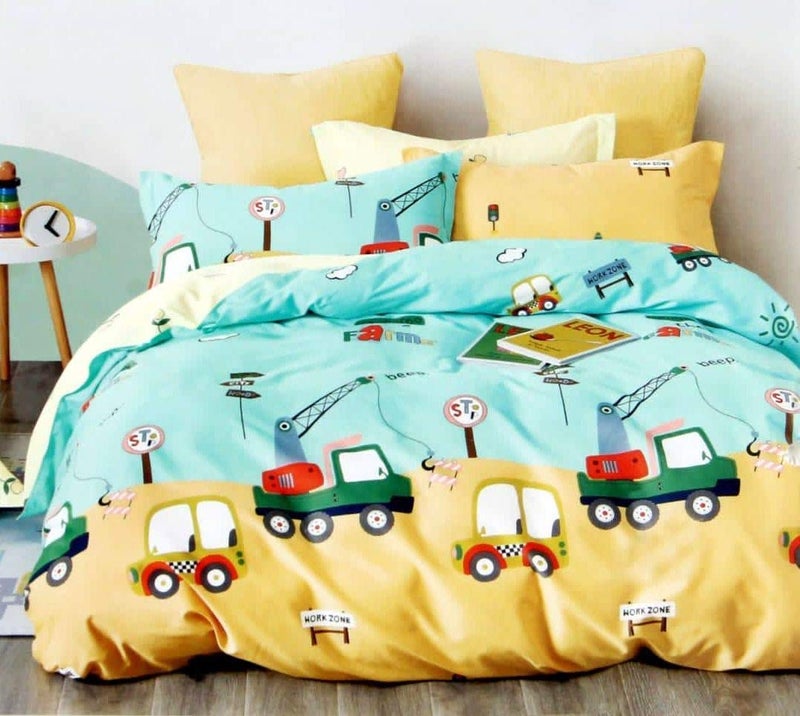Mosho Yellow 180 TC Glace Cotton Kids Car Crane Cartoon Printed Double Bed Bedsheet with 2 Pillow Covers - Image 5