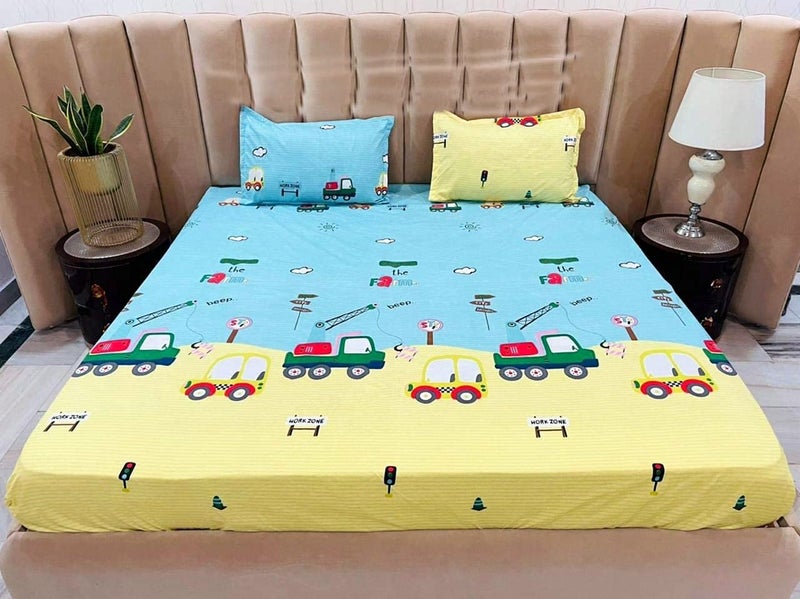 Mosho Yellow 180 TC Glace Cotton Kids Car Crane Cartoon Printed Double Bed Bedsheet with 2 Pillow Covers - Image 2