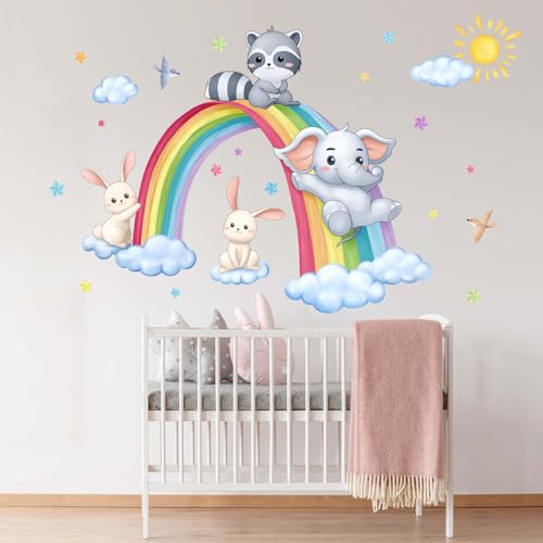 PinkEleph Rainbow Animal Wall Stickers - Elephant Rabbit Raccoon Wall Decals - Baby Nursery Kids Boy Girls Room Daycare Playroom Classroom Wall Decor - Image 3