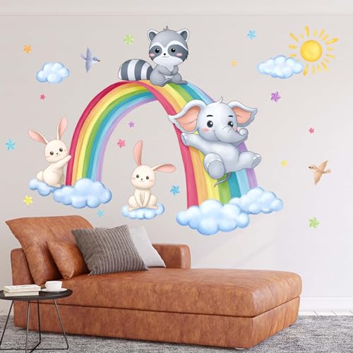 PinkEleph Rainbow Animal Wall Stickers - Elephant Rabbit Raccoon Wall Decals - Baby Nursery Kids Boy Girls Room Daycare Playroom Classroom Wall Decor - Image 2