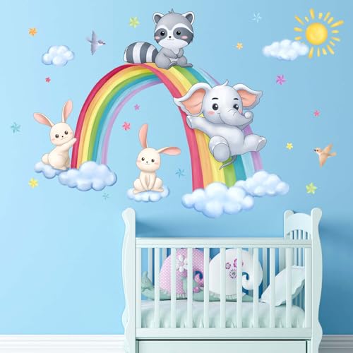 PinkEleph Rainbow Animal Wall Stickers - Elephant Rabbit Raccoon Wall Decals - Baby Nursery Kids Boy Girls Room Daycare Playroom Classroom Wall Decor - Image 1