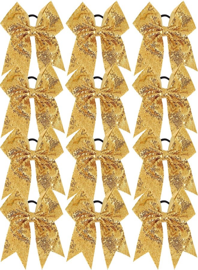 Jeffan 12 Count Cheerleading Hair Bows, 12 Pieces Gold Jumbo 8 Inch Hair Ties with Elastic Ponytail Holder Bow Hair Accessories for School Girls Toddlers - Image 1