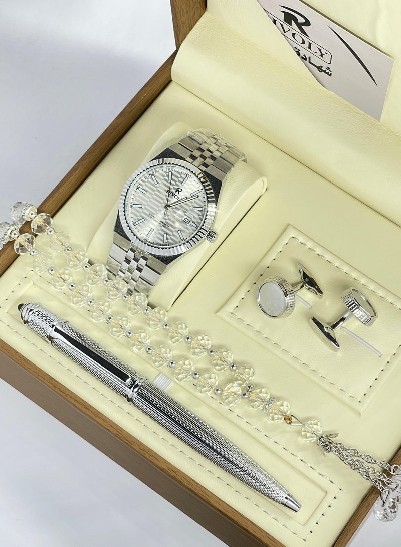 RR Men's stainless steel set consisting of a watch, a rosary, a pen and cufflinks