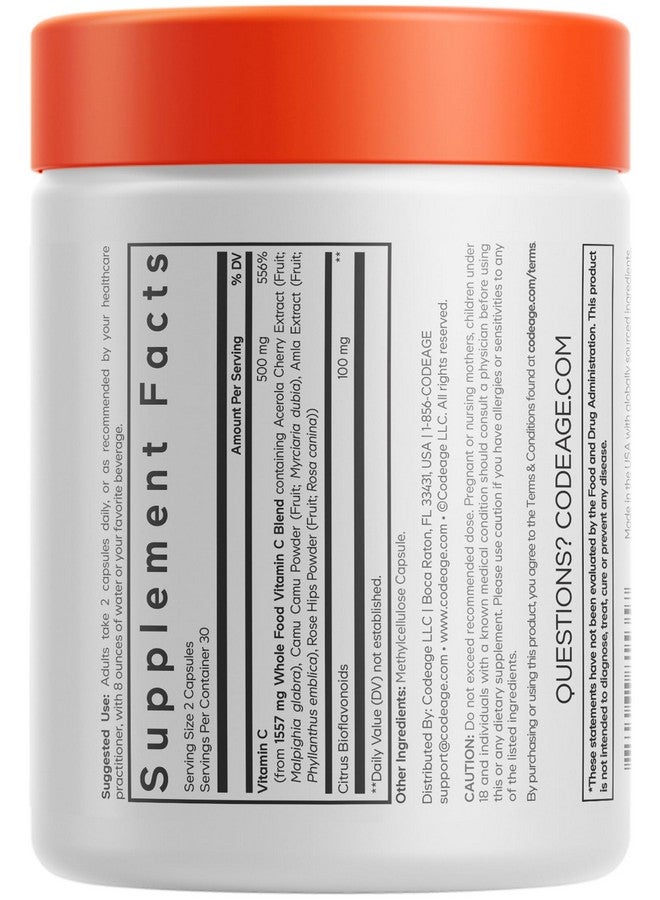 Codeage Whole Food Vitamin C Supplement - Acerola Cherry, Camu Camu, Amla Berry & Rose HIPS Blend - Citrus Bioflavonoids - Instantfood Energy Vitamins - 500mg Vitamin C Pills - Non-GMO - 60 Capsules - Image 2