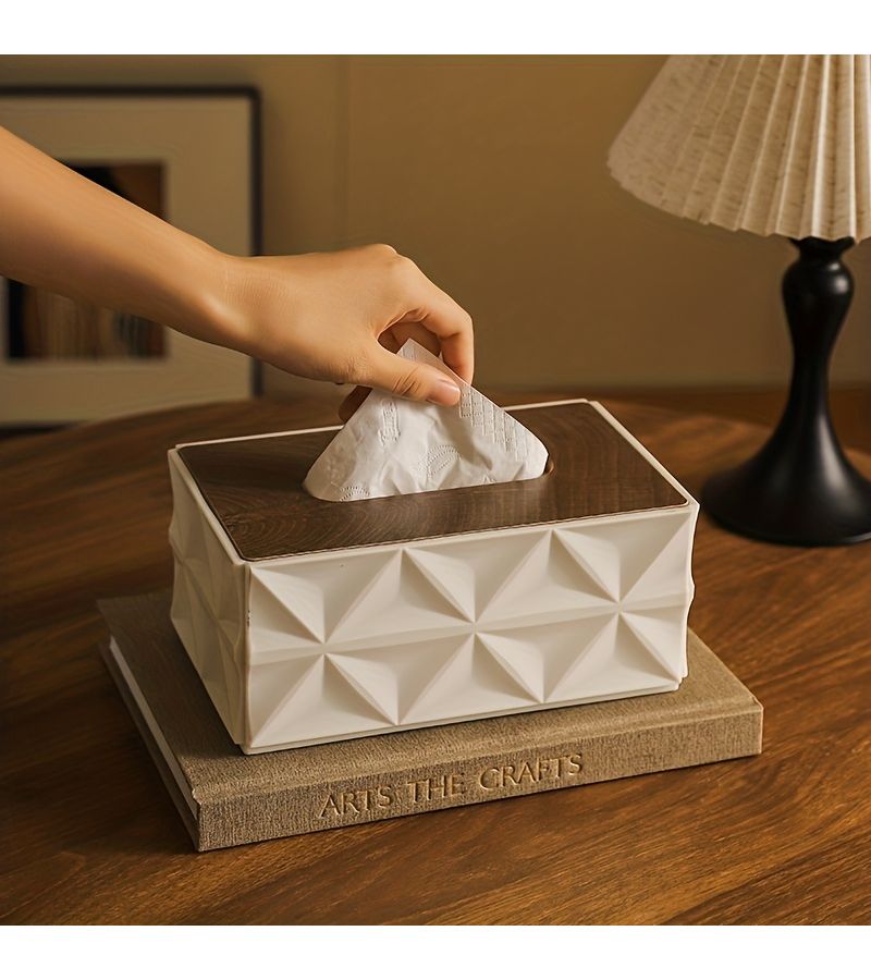 Black Nordic Paper Towel Box With Wooden Lid Diamond Design Large Capacity Desktop Storage Home Bathroom Decor - Image 2