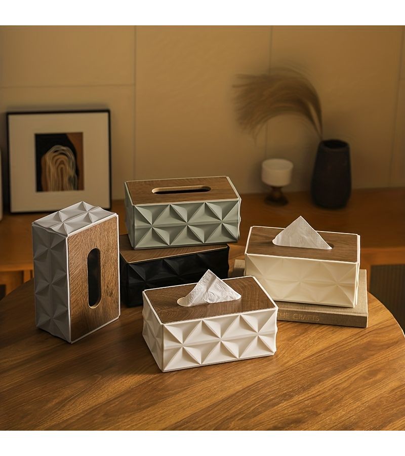 Black Nordic Paper Towel Box With Wooden Lid Diamond Design Large Capacity Desktop Storage Home Bathroom Decor - Image 1