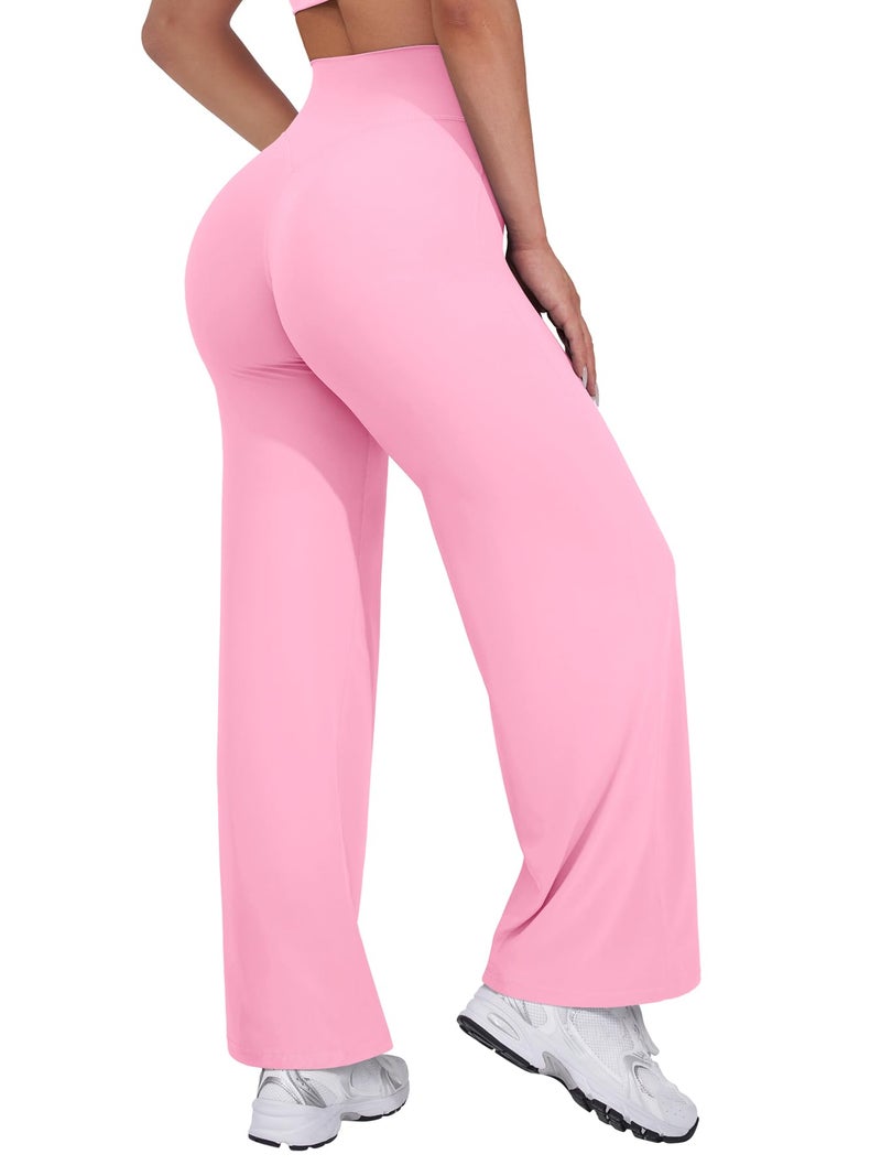 VOYJOY Straight Leggings Bottoms Wide Leg Pants for Women 29"/ 31.5"/33"/35" High Waist Stretch Casual Sweatpants Bubblegum Pink - Image 1