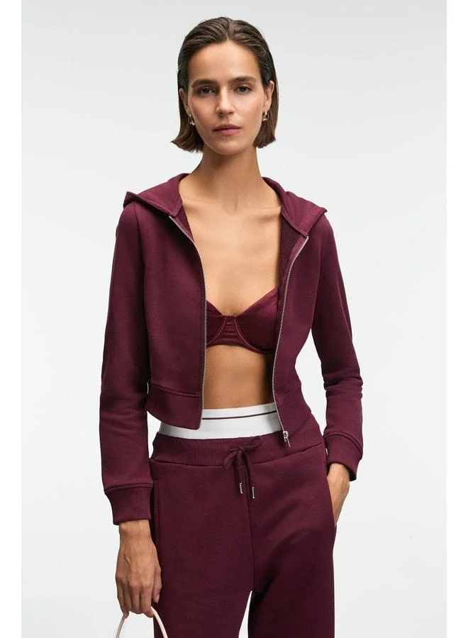 GRIMELANGE COSIMA Women's Metal Zip Hooded Crop Burgundy Sweatshirt.