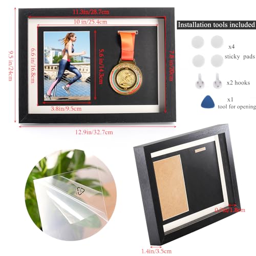 Hacaroa Medal Display Shadow Box, Single Medal and Photo Display Frame Case, Wood Marathon Medal Storage Box for Runners, All Sports Winners, Military Awards, Black - Image 2
