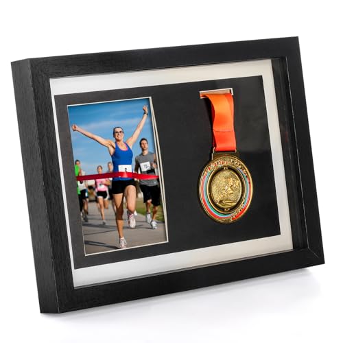 Hacaroa Medal Display Shadow Box, Single Medal and Photo Display Frame Case, Wood Marathon Medal Storage Box for Runners, All Sports Winners, Military Awards, Black - Image 1