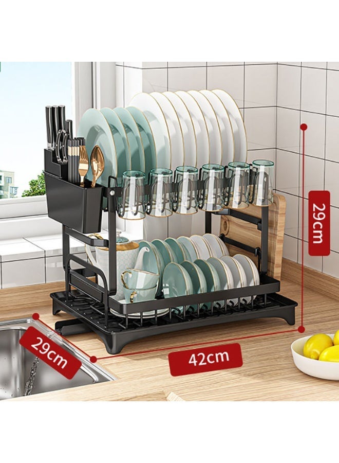 رف تجفيف أطباق 3 طبقات قابل للطي مع رف أطباق مزدوج، صينية تصريف بلاستيكية، حامل عيدان، وحامل ألواح تقطيع معدني – هيكل فولاذ كربوني مقاوم للصدأ – أسود - Image 5