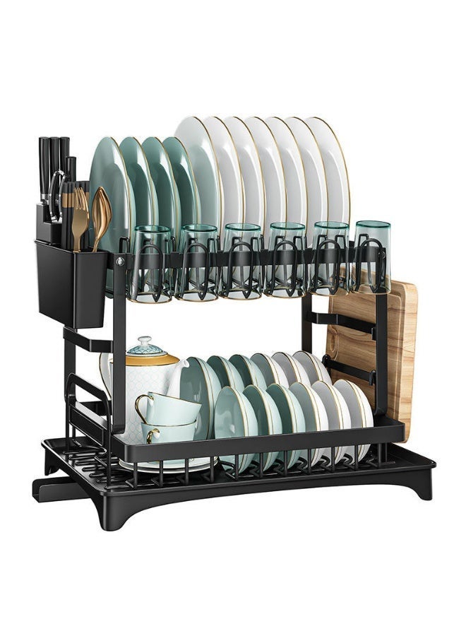 رف تجفيف أطباق 3 طبقات قابل للطي مع رف أطباق مزدوج، صينية تصريف بلاستيكية، حامل عيدان، وحامل ألواح تقطيع معدني – هيكل فولاذ كربوني مقاوم للصدأ – أسود - Image 1