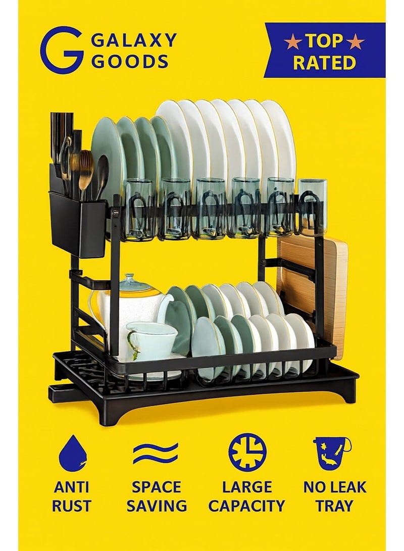 رف تجفيف أطباق 3 طبقات قابل للطي مع رف أطباق مزدوج، صينية تصريف بلاستيكية، حامل عيدان، وحامل ألواح تقطيع معدني – هيكل فولاذ كربوني مقاوم للصدأ – أسود - Image 3