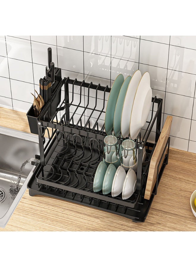 رف تجفيف أطباق 3 طبقات قابل للطي مع رف أطباق مزدوج، صينية تصريف بلاستيكية، حامل عيدان، وحامل ألواح تقطيع معدني – هيكل فولاذ كربوني مقاوم للصدأ – أسود - Image 2