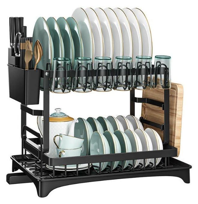 رف تجفيف أطباق 3 طبقات قابل للطي مع رف أطباق مزدوج، صينية تصريف بلاستيكية، حامل عيدان، وحامل ألواح تقطيع معدني – هيكل فولاذ كربوني مقاوم للصدأ – أسود - Image 1