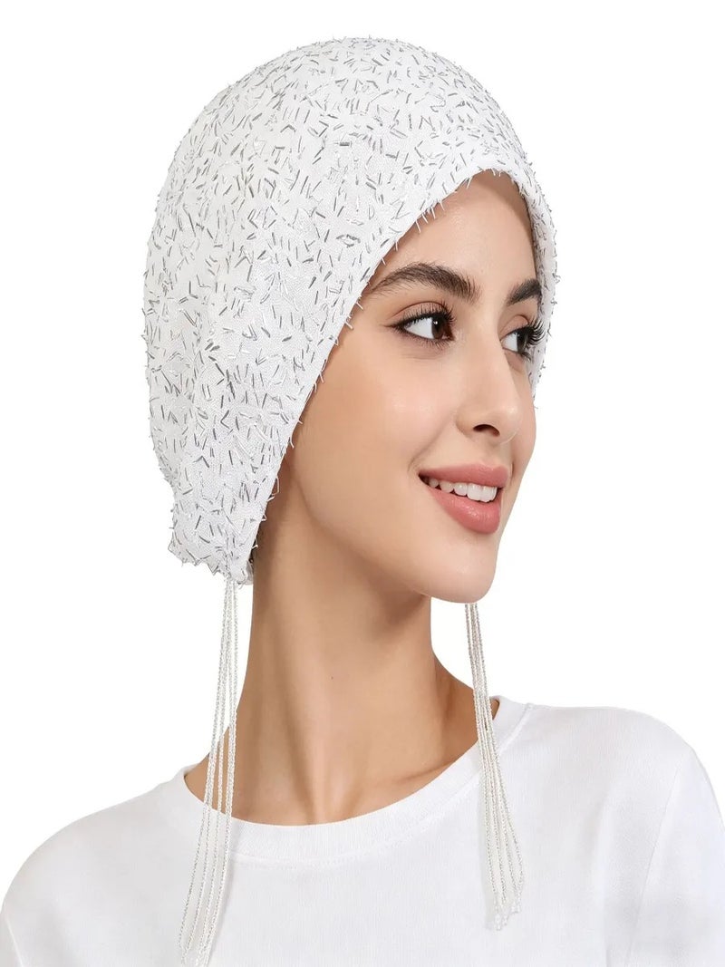 طاقية عمامة يدوية بالخرز مع شراشيب للنساء عصرية متعددة الاستخدامات - Image 1