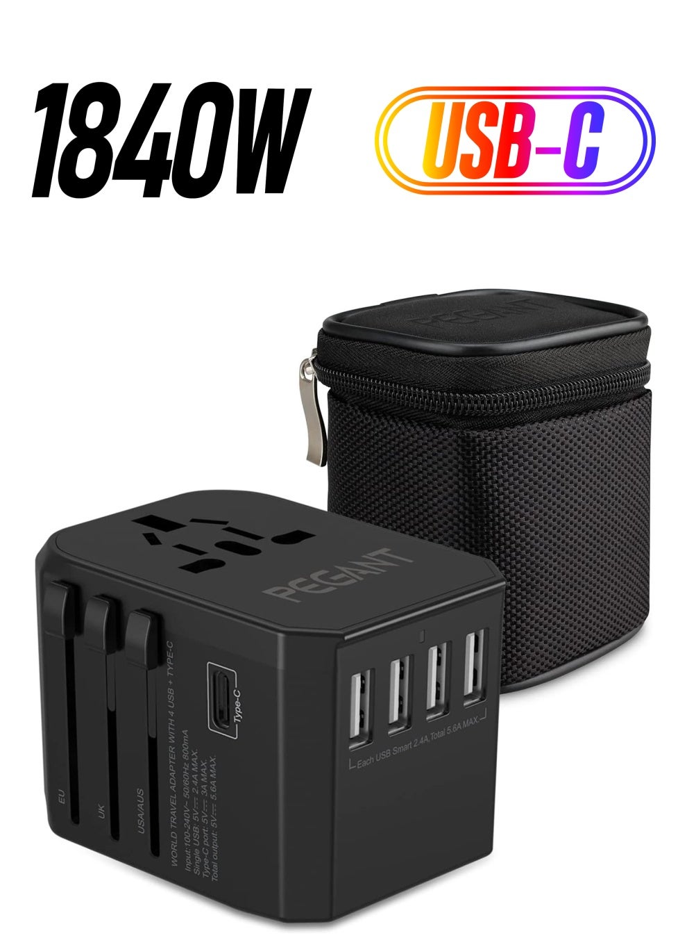 PEGANT Universal Travel Power Adapter with 4 USB and USB-C Fast Charging Ports and Carrying Bag