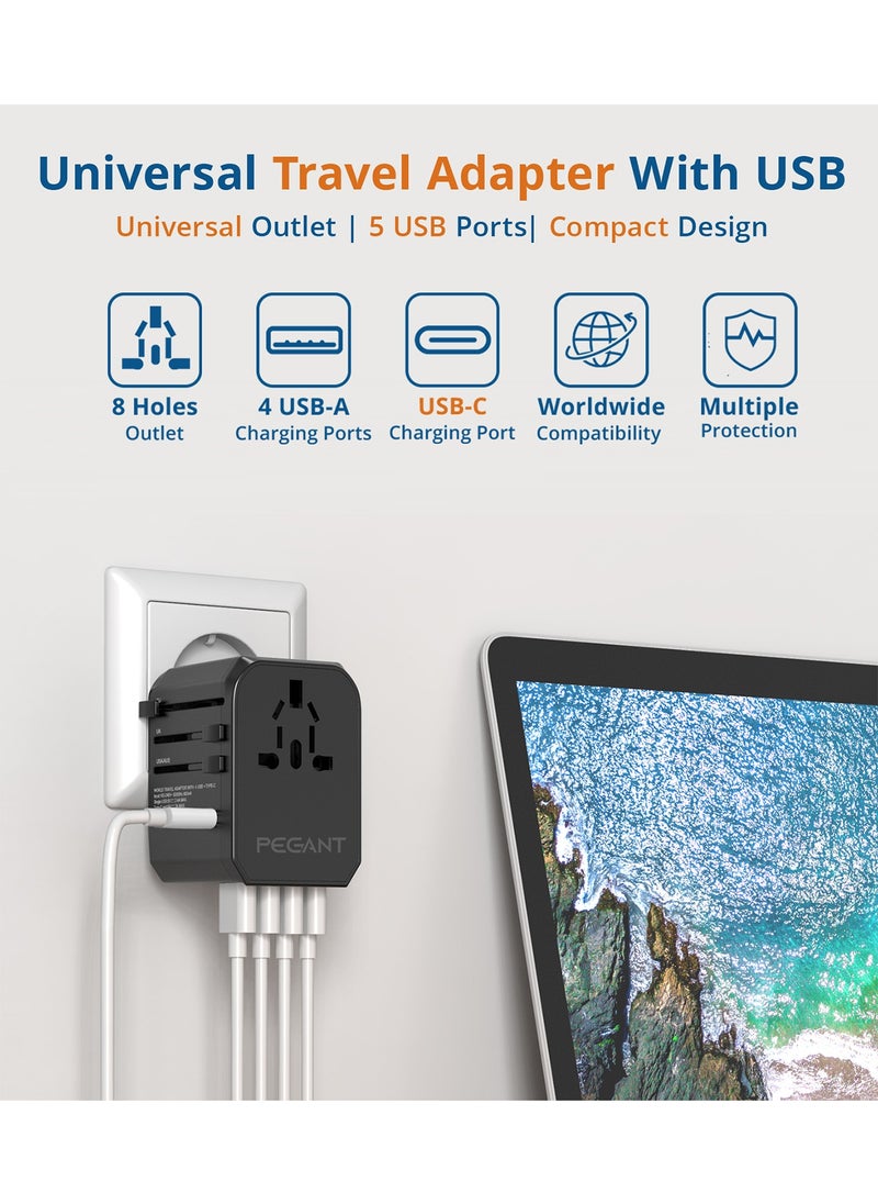 PEGANT - Universal Travel Power Adapter with 4 USB and USB-C Fast Charging Ports and Carrying Bag - Image 1