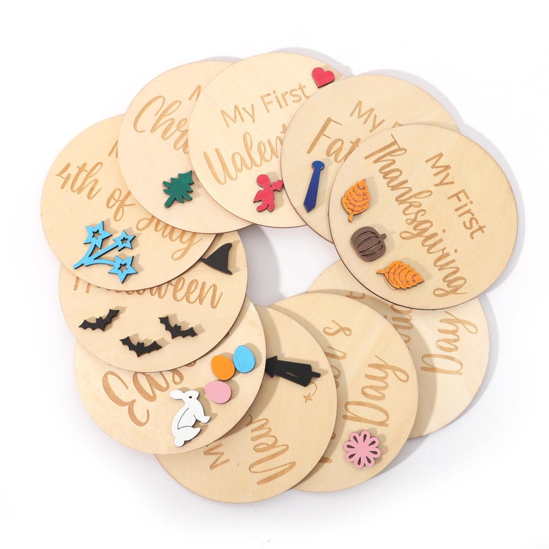 Rweseo My First Holiday Milestone Cards - Baby First Holiday Wood Sign Baby Shower,Holiday Monthly Milestones,Baby First Halloween/Hanksgiving/Christmas/Valentine's Day/St. Patrick's Day/Easter - Image 1