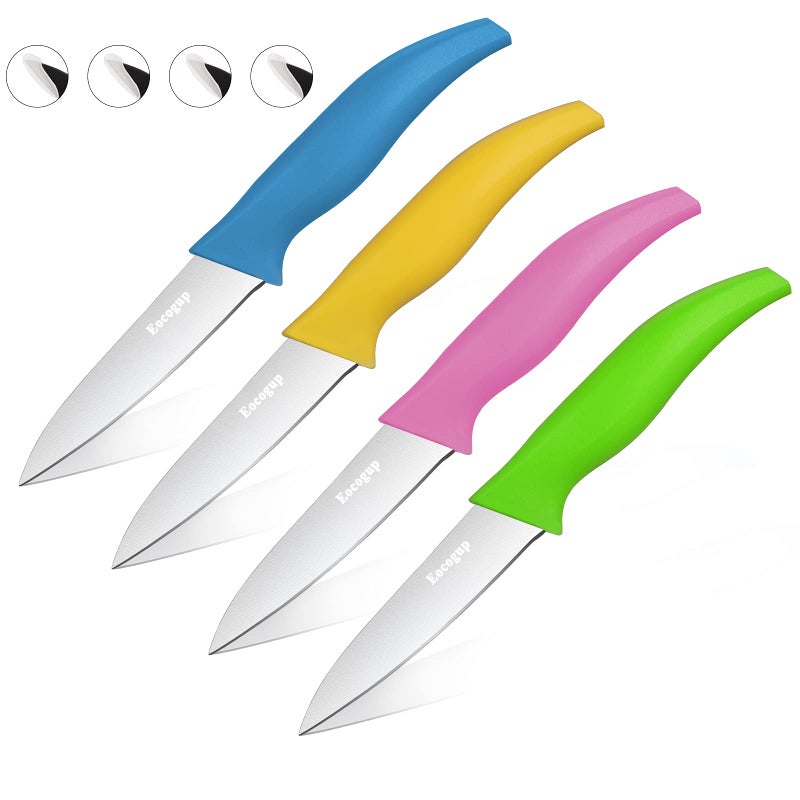 Eocogup Paring Knife37 inch Fruit and Vegetable Paring KnivesStainless Steel Super Sharp Small Kitchen Knives SetsAssorted Colors HandleSet of 4