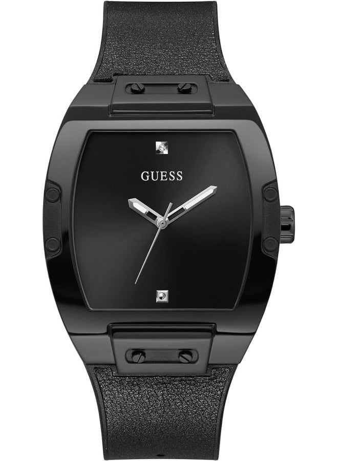 GUESS ساعة GUESS للرجال بتصميم عصري على شكل طونيو مع ألماس 43 مم - قرص أسود وحافظة من الفولاذ المقاوم للصدأ مع حزام مرن أسود - Image 1