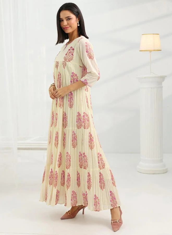 Libas Off White Printed Cotton A-Line Maxi Dress