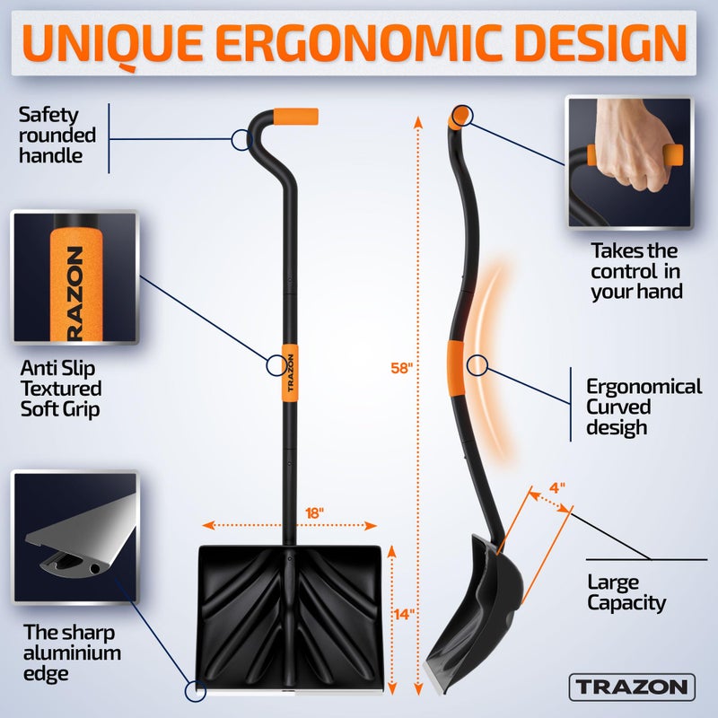 Trazon Snow Shovel Heavy Duty for Driveway with Ergonomic Handle to Use Without Backpain for Home Garage Car - Snow Shovel with 18 Inch Blade Large Capacity and 58 Inch Long Ergonomic Handle (Black) - Image 2