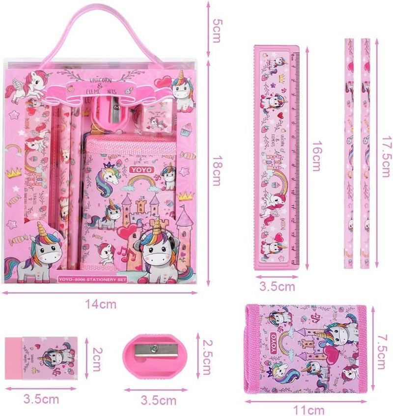 SHIVOM Unicorn School Stationery Gift Set, 7 Pieces with Eraser, Sharpener, Wallet, Ruler, Pencil, Girls and Boys Party Bag - Image 2