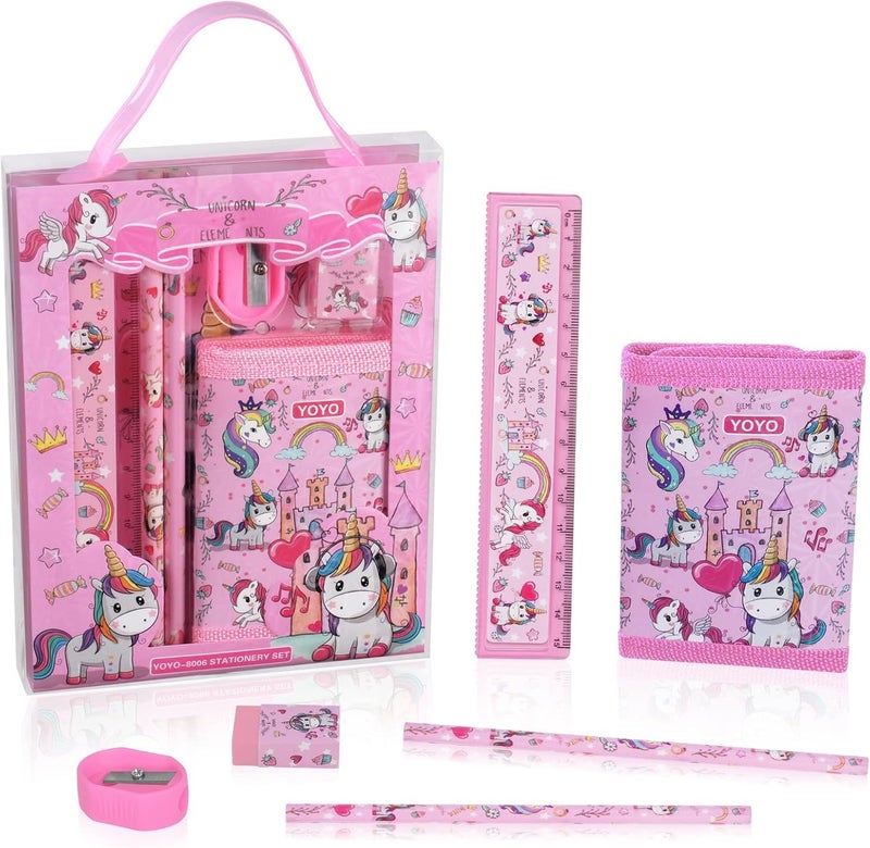 SHIVOM Unicorn School Stationery Gift Set, 7 Pieces with Eraser, Sharpener, Wallet, Ruler, Pencil, Girls and Boys Party Bag - Image 1