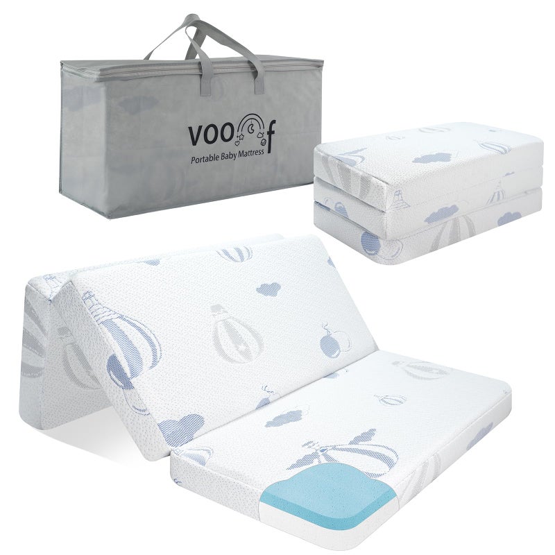 voomf Pack and Play Mattress Trifold, 38"x26"x3'' Memory Foam Dual-Sided Pack N Play Mattresses for Baby Toddler, Soft Baby Crib Mattress for Pack N Play with Machine Washable Cover Balloon Pattern - Image 1
