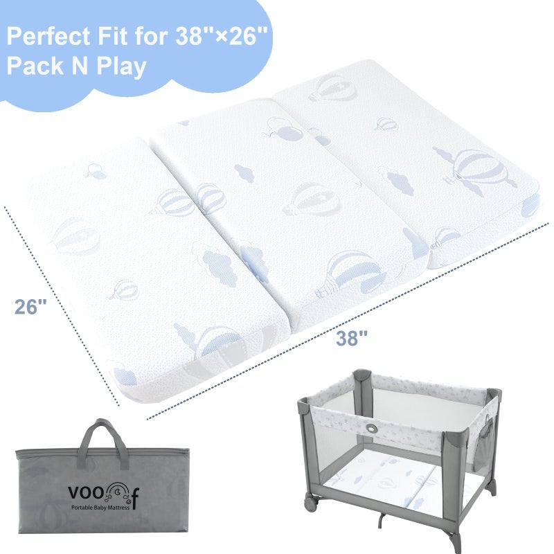voomf Pack and Play Mattress Trifold, 38"x26"x3'' Memory Foam Dual-Sided Pack N Play Mattresses for Baby Toddler, Soft Baby Crib Mattress for Pack N Play with Machine Washable Cover Balloon Pattern - Image 5
